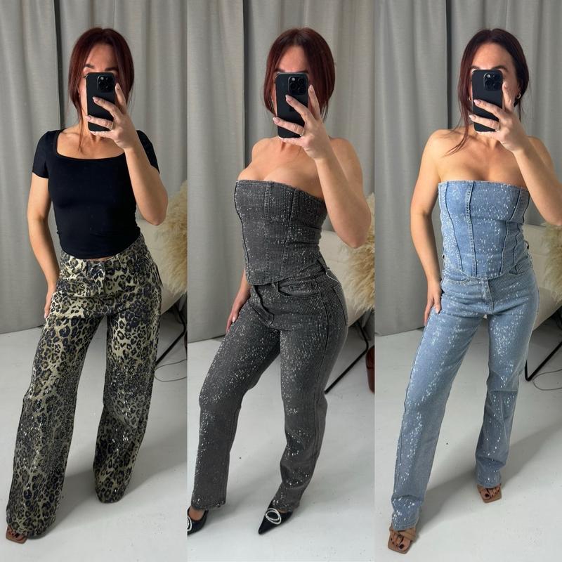 Product Introduction of Diamonte Rhinestone Jeans High Waist Christmas Party Trousers - A1089/046 Womenswear Bottom Pants Comfort Basic Dark Grey Denim Minimalist stretch  tummy  control  jeans Fitted 0