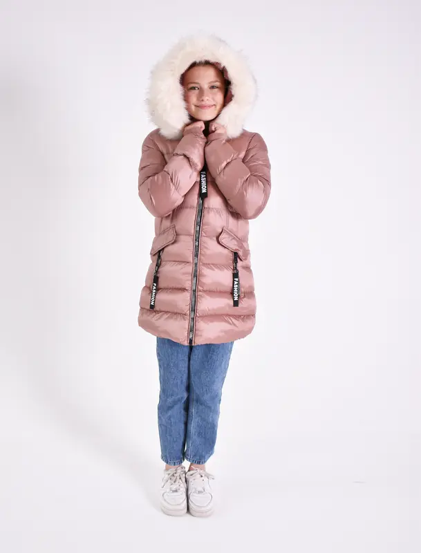 Charcoal Fashion Girl's Shiny Water Resistant Faux Fur Lined Quilted Midi Puffer Coat. Keep Warm, Outdoors,  Hood fur, Back to School 1