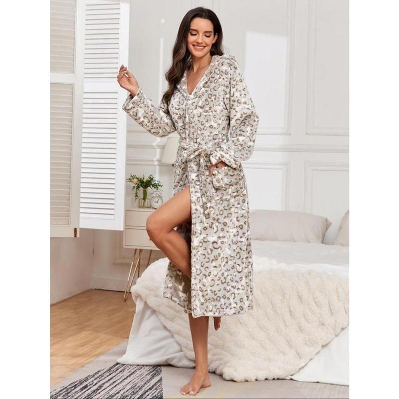 Women's Leopard Print Belted Hooded Flannel Lounge Robe, Casual Long Sleeve Pocket Design Bathrobe, Ladies Sleepwear for Fall & Winter 5
