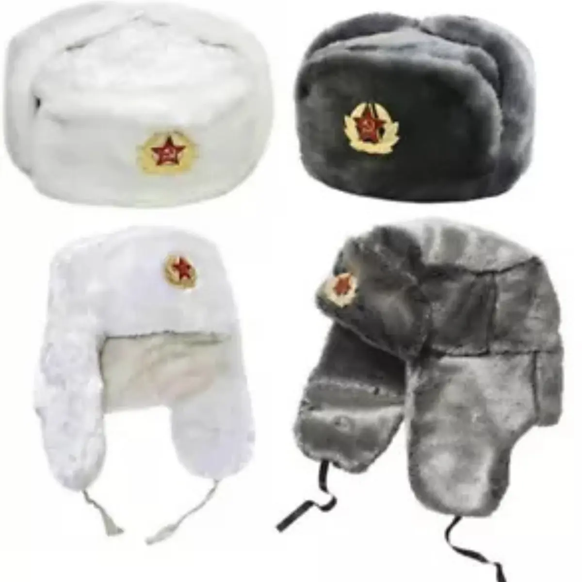 Russian Trapper Hat White with Soviet Badge | Faux Fur Ushanka Cossack Flap Cap - Winter Warmer | Russian Army Style Hat UK