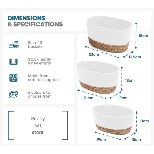 Product Introduction of Woven Seagrass Laundry Baskets Set of 3 - Stackable Home Organizer for Clothes, Toys & Blankets White Black 0
