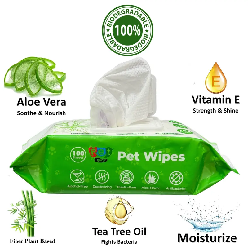 Pet Guru Dogs & Cats 100% Plastic Free Biodegradable Multi-Purpose Cleaning Pet Wipes Fiber Plant Based Alcohol Free Pet Dog Wipes 1