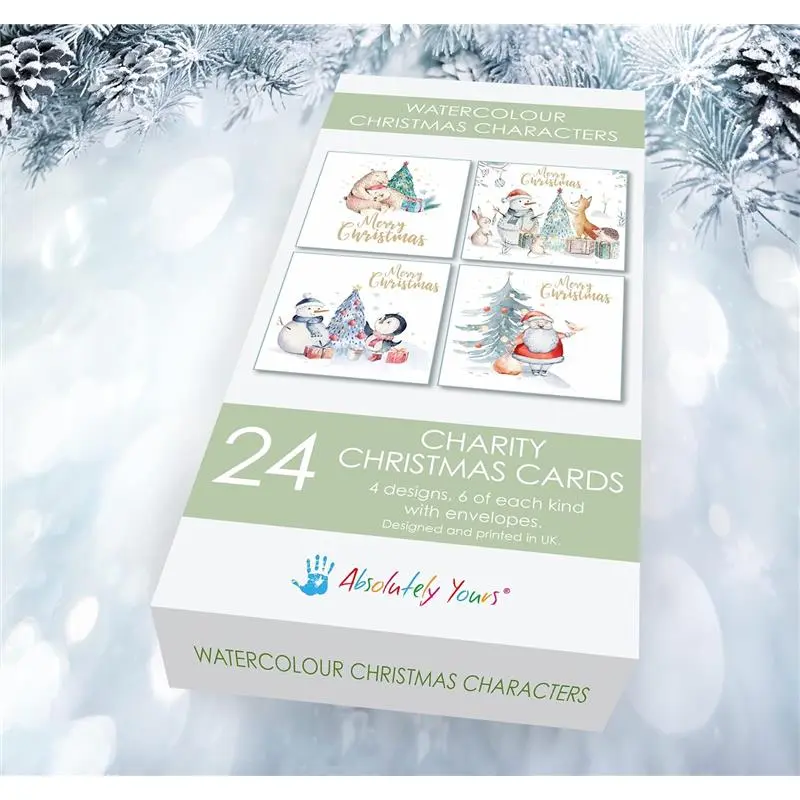 Charity Christmas Cards. Pack of 24. Each Christmas Card multipack has 4 different Watercolour Characters designs. Ecofriendly and UK made. Blank Inside. 115 x 115mm card size. 2