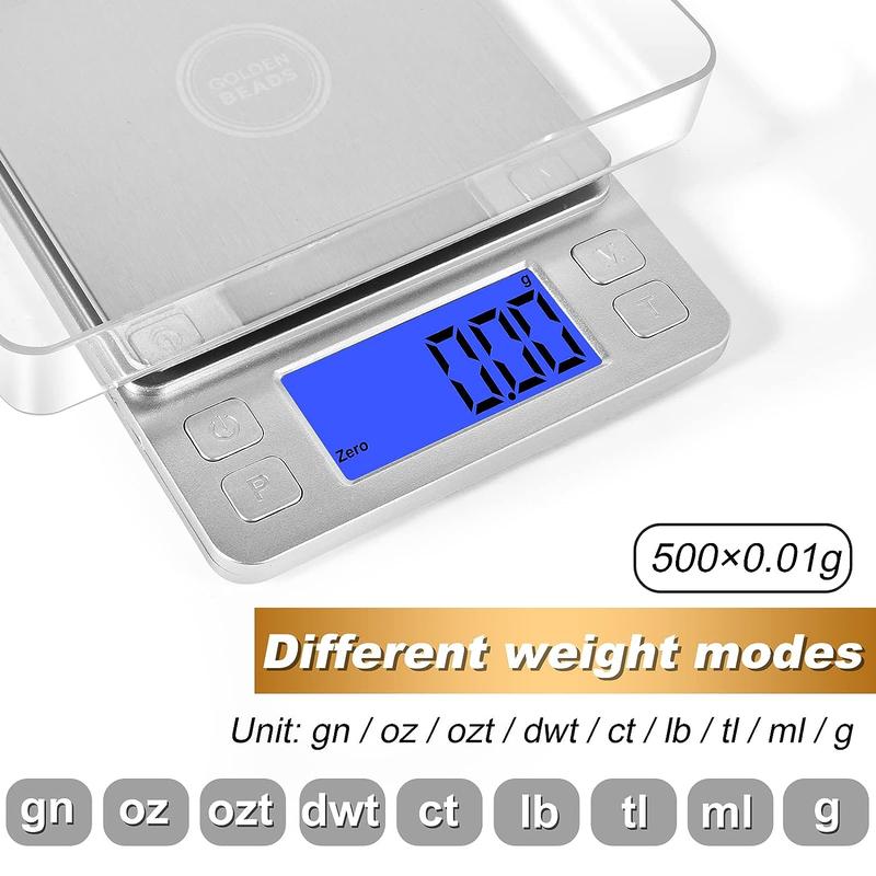 Digital scale 0.01g to 500g High-precision Weighing kitchen Scale with back-lit LCD display multifunction food scales with tray tare and pcs feature mini kitchen scale 5