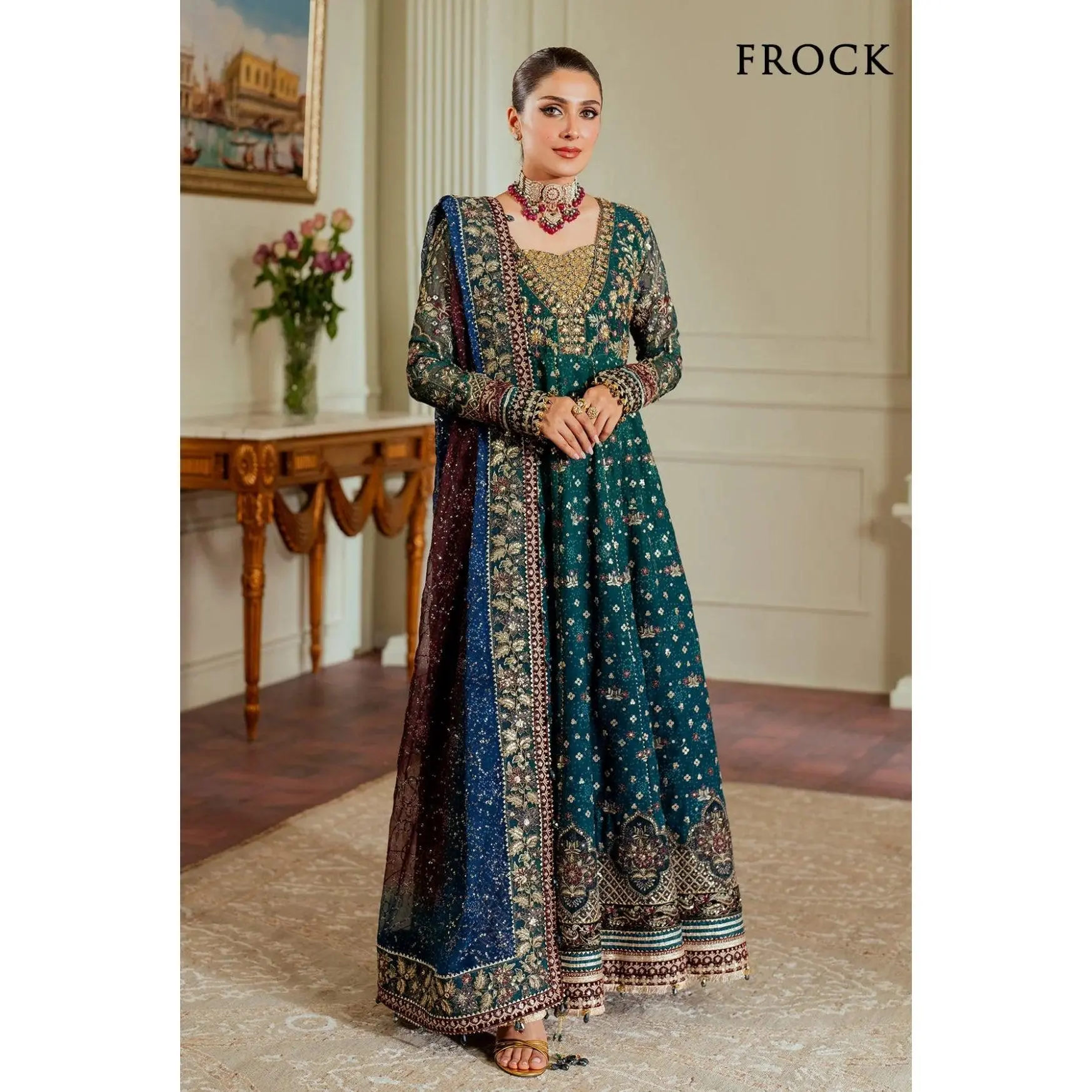 BAROQUE CHANTELLE EMBROIDERED CHIFFON TEAL GREEN FROCK (BAR-0008)