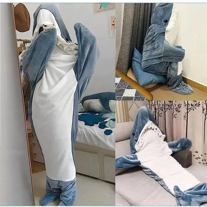 Shark Blanket Adult Cartoon Sleeping Bag Pajama Hooded Warm Flannel Funny Homewear Shark Onesie Sleeping Bag Winter Warm Blanket Loungewear Nightwear 6