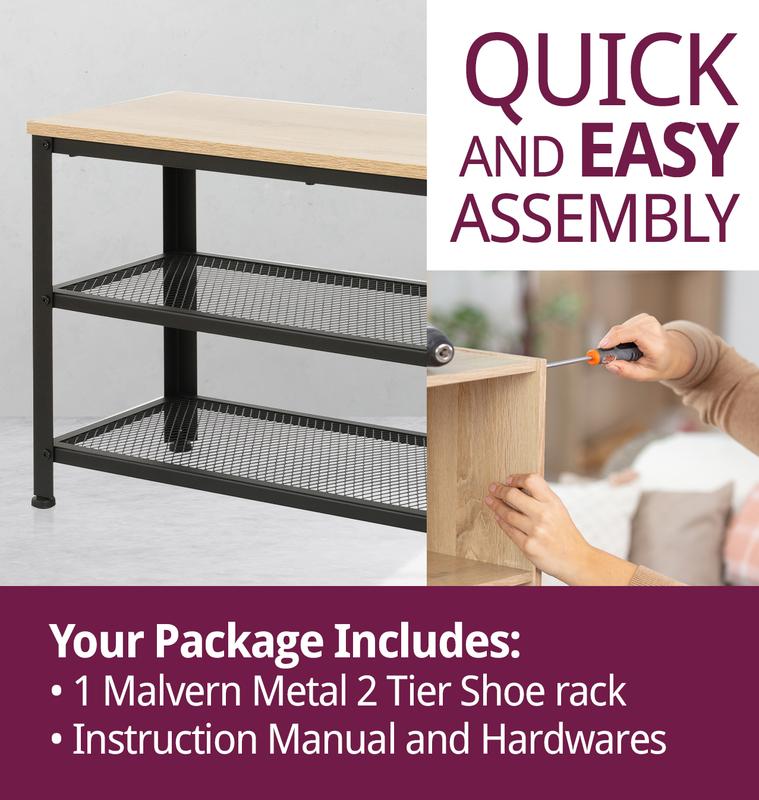 Hallowood Furniture Malvern 2 Tier Metal Shoe Rack with Wooden Oak Effect Top, Modern Shoe Storage, Shoe Rack Storage Organiser Shelf, Small Entryway Bench, Narrow Shoe Rack for 6 Pairs of Shoes 6