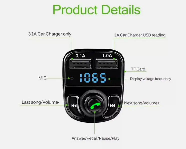 Car Wireless Bluetooth Fm Transmitter Mp3 Player Usb Car Charger Adapter UK