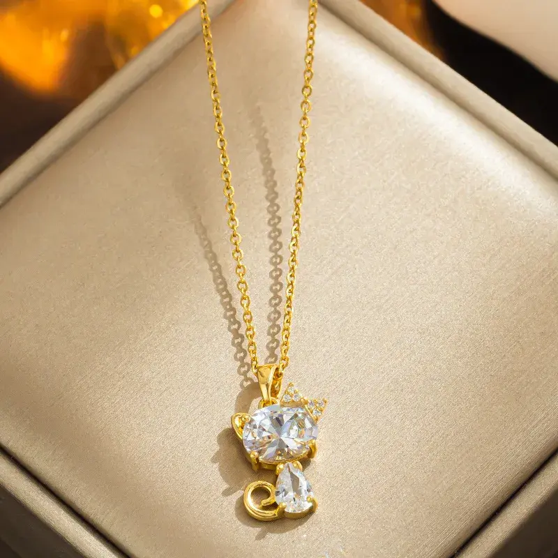 CZ Stones Cat Pendant Necklace Hypoallergenic