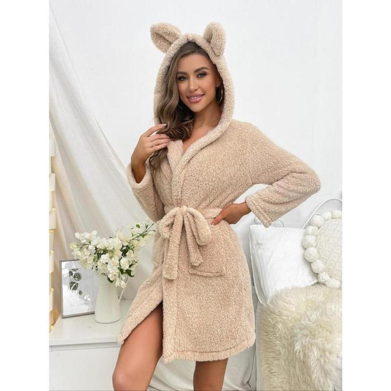 Women's Plain Pocket Hooded Robe, Casual Belted Long Sleeve Flannel Bathrobe For Home Spa, Women' Clothing For Fall Winter, Cold Weather Gear 2