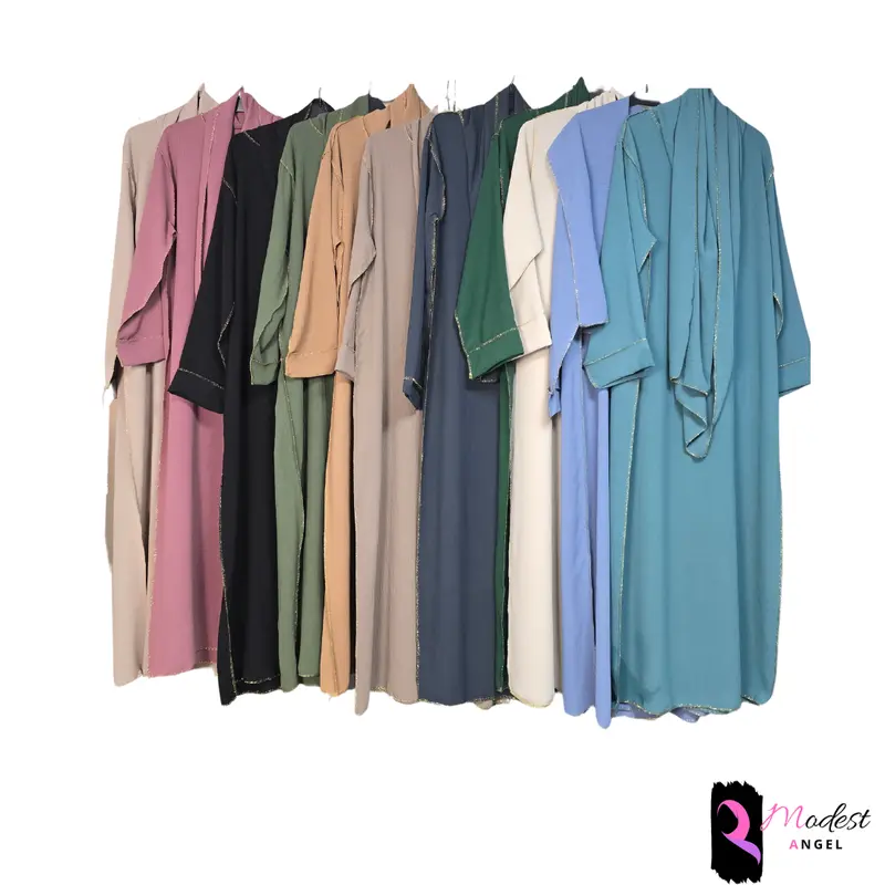 Gold stitch abaya maxi dress attached scarf in 12 colors beige pink dark turquoise black olive green caramel sapphire blue brown grey dark grey bottle green cream light cobalt blue modest islam comfort muslim clothing islamic clothing long sleeve solid mi 0