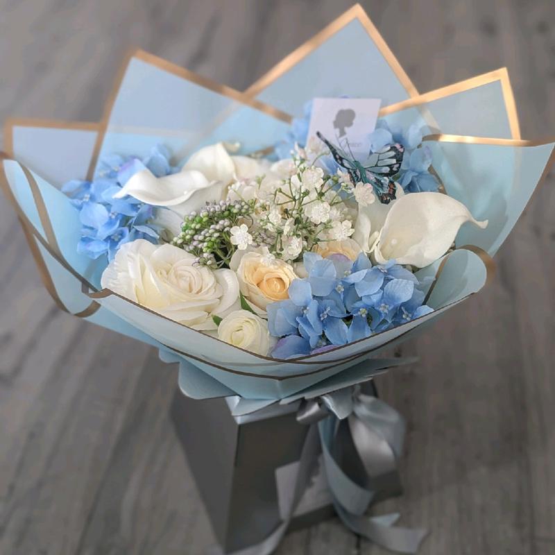 Blue Silk Flowers Handtied Bouquet Gift 1