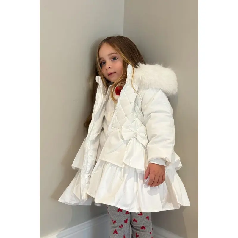 Girls White Pearl  Frilly Coat 1