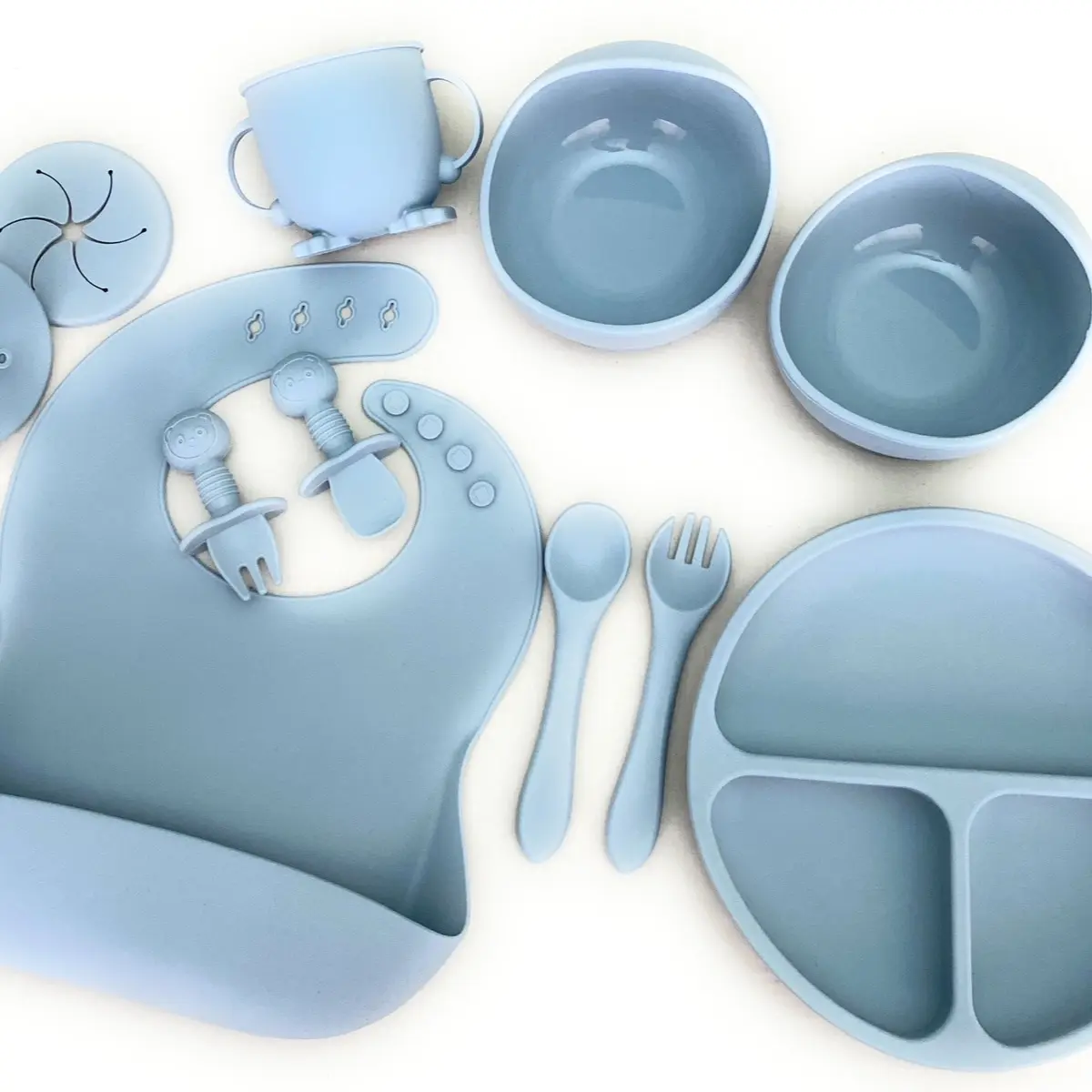 Very durable solid colour silicone baby feeding utensils, 11Pcs!! Soft baby plate, 2pc bowls, sippy cup, suction set, food grade baby girl and baby boy dinnerware set, new family gift, kitchen accessories, baby weaning and feeding equipment bamboo dinner