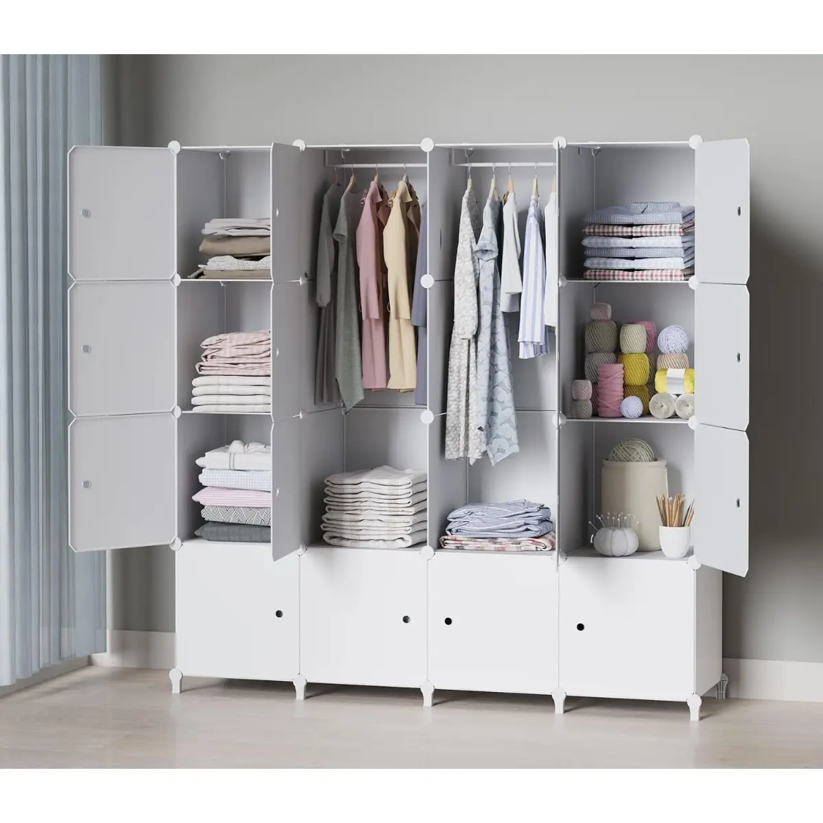 Portable Wardrobe Foldable Closet with 16 Compartments, Combination Armoire Modular Cabinet Clothes Storage Organizer Shelf with Clothes Hanging Rails for Bedroom