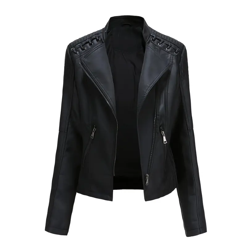 Faux Leather Zip-up Biker Jacket, Casual Long Sleeve Lace Up Lapel Jacket For Spring & Fall, Women's Clothing 0