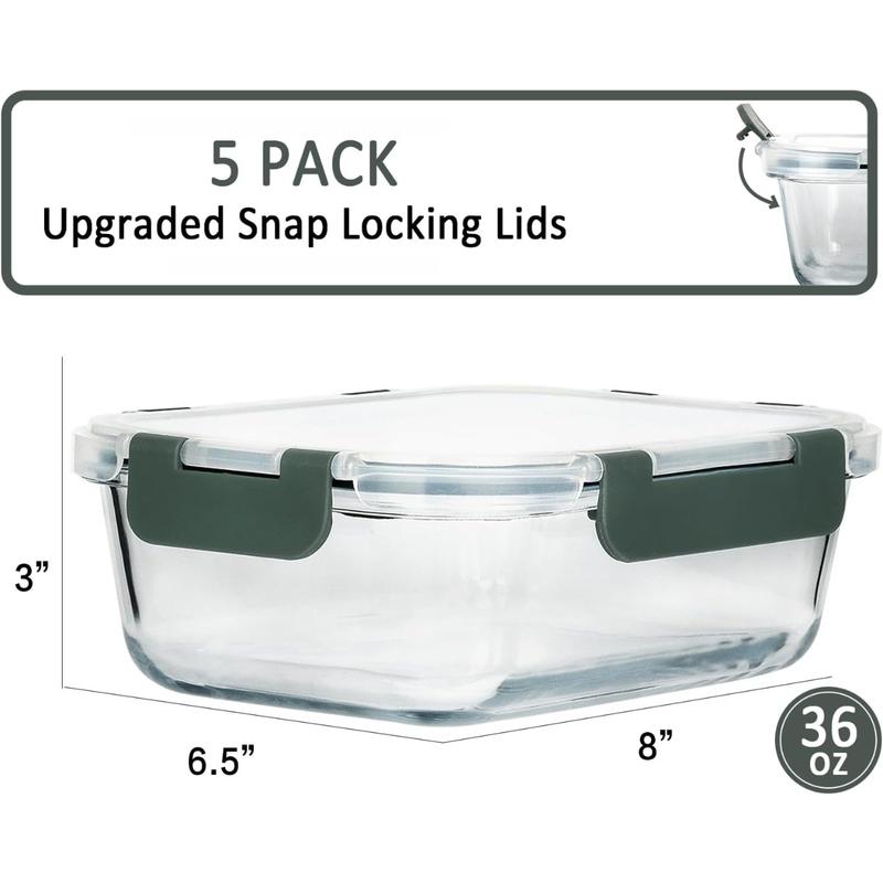 Glass Meal Prep Containers with Lids 1040ml Airtight Glass Food Storage Containers, Set of 5 1