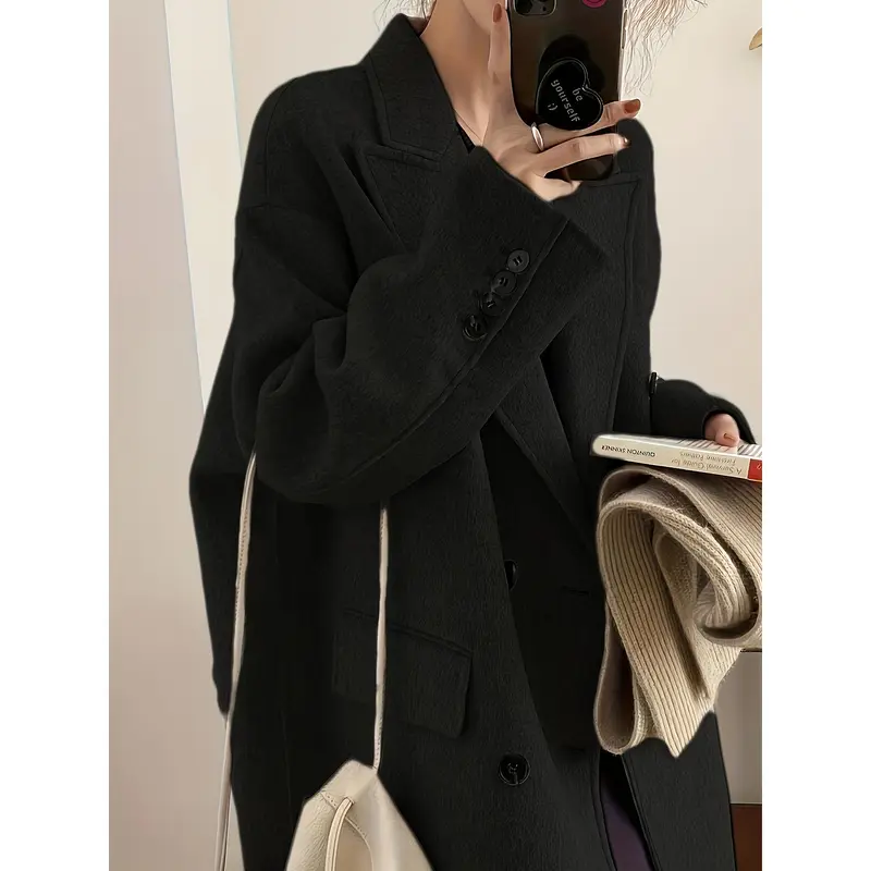 Elegant Double-Breasted Long Sleeve Mid-Length Overcoat - Wool & Blends Outerwear for Fall & Winter - Women's Stylish Lapel Collar Coat for Cold Weather 4