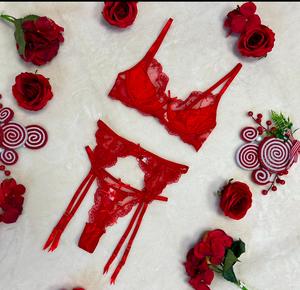 LILIOSA LINGERIE Robyn - High Quality Elegant Mesh Sheer 3 Piece Romantic Lingerie (Clasp Bra+Clasp Garter+Adjustable Panties) Feminine Satin Comfortable Womenswear Matching, Chic Love Ribbon Bow Fit Romantic Valentines's Day Elegance Stockings Lace Belt