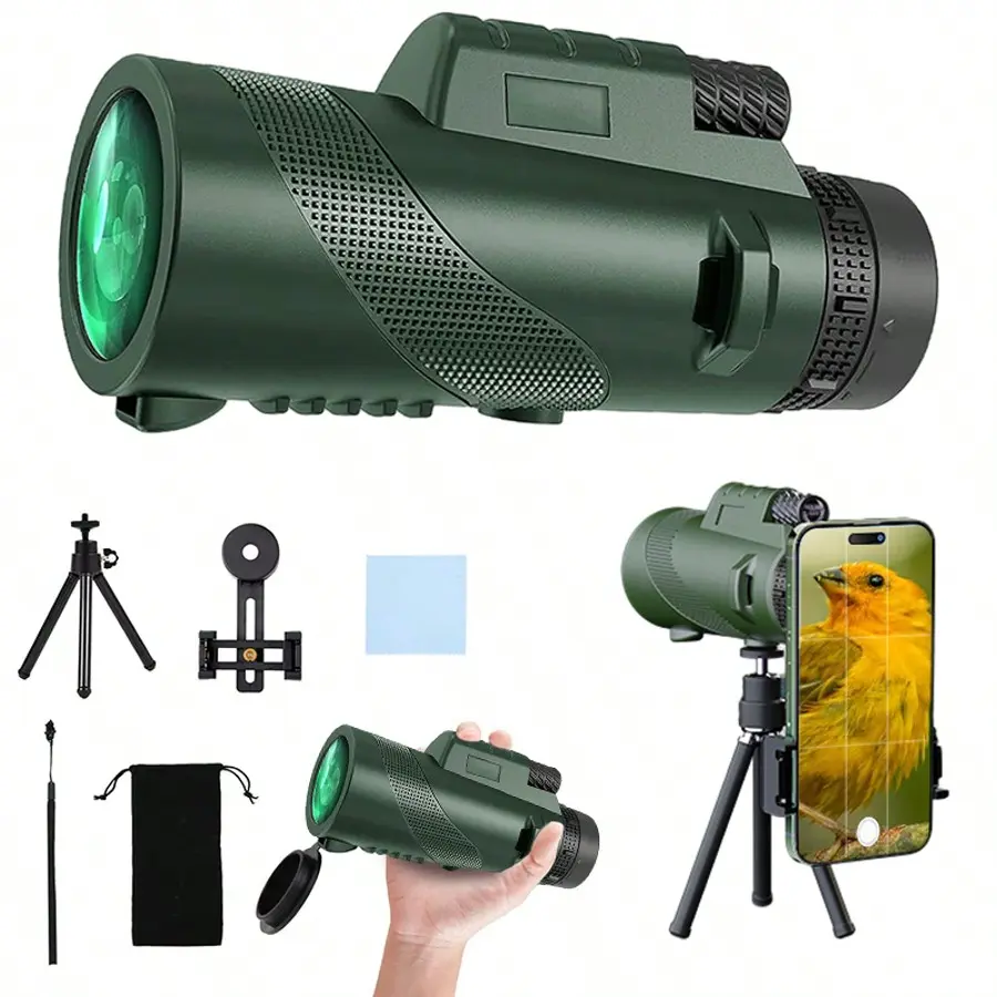 80X100 Green Monoculars For Adults High Power Monocular Telescope For Smartphone Wildlife Bird Watching Hunting Camping Travel Scenery With Smartphone Holder & Tripod