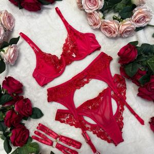 Liliosa Lingerie LIVE CRUSH Romantic Sexy Elegance Rose Pink Floral Embroidered 4 Piece Satin Lingerie Set Clasp Bra, Clasp Garter, Brazilian Pants, Thigh Straps - Comfortable Womenswear Underwear, Elegant Adjustable Spaghetti Satin Straps Fit Day Love