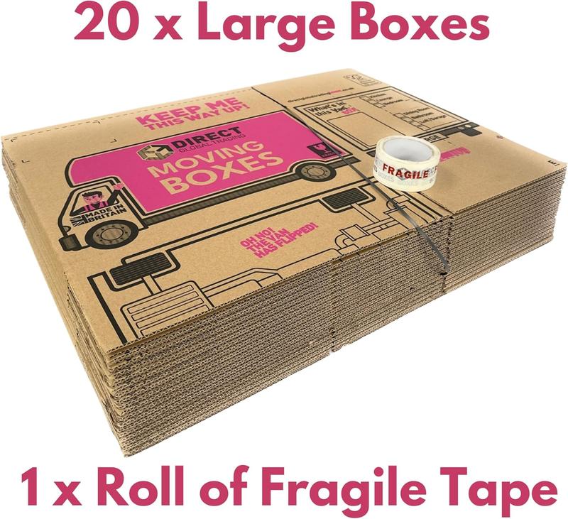 20 Strong Large Cardboard Storage Packing Moving House Boxes with Fragile Tape 52cm x 30cm x 30cm 47 Litres Carry Handles and Room List Organiser 2