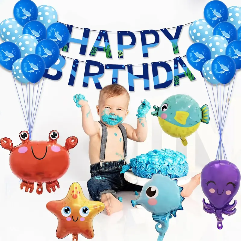 Under The Sea Party Decorations Kit, Party Supplies Ocean Theme 26pcs Balloons Banner set, Blue Marine Animal Dolphin Octopus Clown Fish Foil Balloons For 1st 2nd Boys Girls Kids Birthday 2