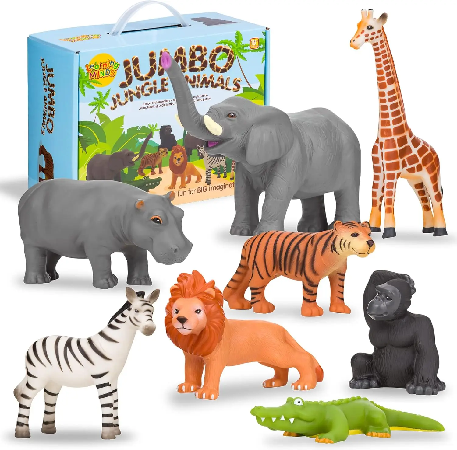 Set of 8 Jumbo Jungle Animal Figures - Zoo Animals For 1, 2, 3 Year Olds - Toy Safari Animals For Kids Age 18 Months Plus - Toys For 1 Year Old Boys - Suitable From 18 Months