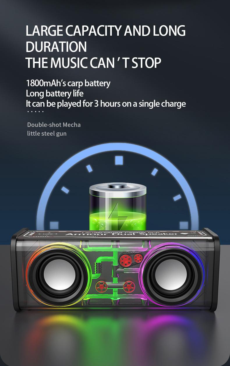 Product Introduction of New transparent dazzle colour light bluetooth speaker V8/small steel cannon bass/support tandem mecha 6
