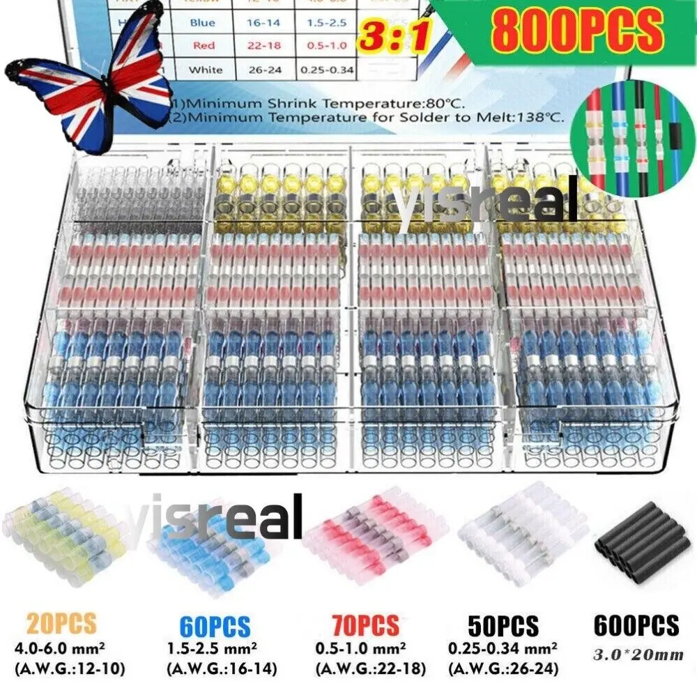 800Pcs Waterproof Solder Seal Sleeve Heat Shrink Butt Wire Connectors Terminals