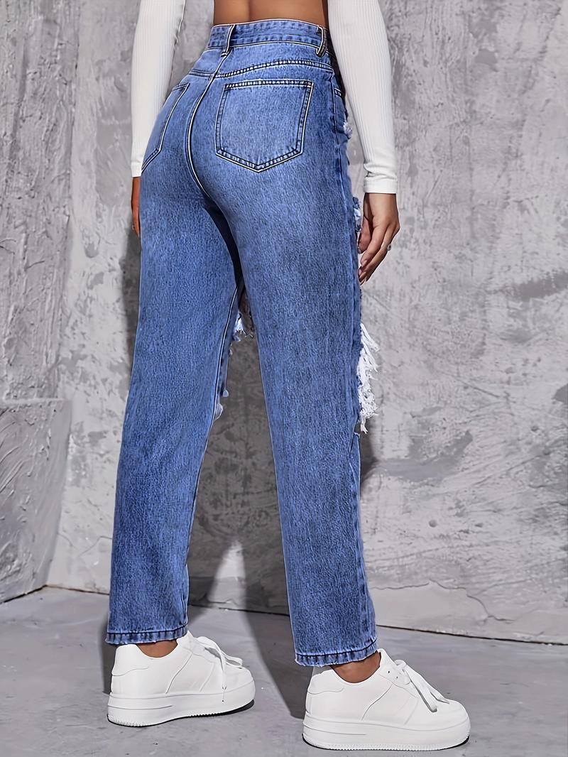 Product Introduction of American Retro Hole-punched Jeans Women High Waist Straight-crotch Loose Slim Design High-street Vibe Wide-legged Dragging Pants 10