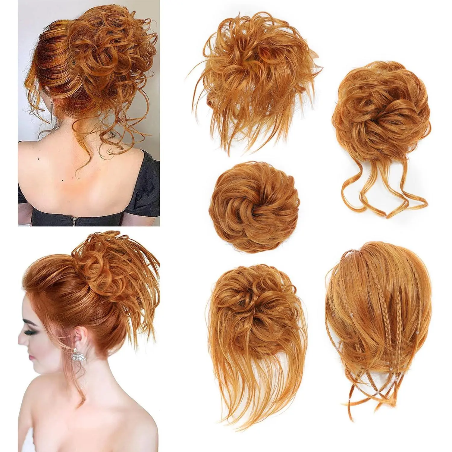 Fulang Hair Orange Messy Hair Scrunchies Bun Updo Hairpiece Elastic Hair Bun Piece for Women Curly Wavy Piece for Women Messy Hair Bun Donut Accessories Scrunchies
