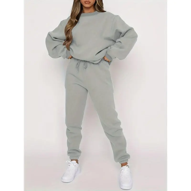 Two-Piece Solid Color Crew Neck Long Sleeve Top and Drawstring Jogger Pants Set - Soft Micro Elasticity Polyester Fabric, Pocket Details, Casual Wear for All Seasons 1