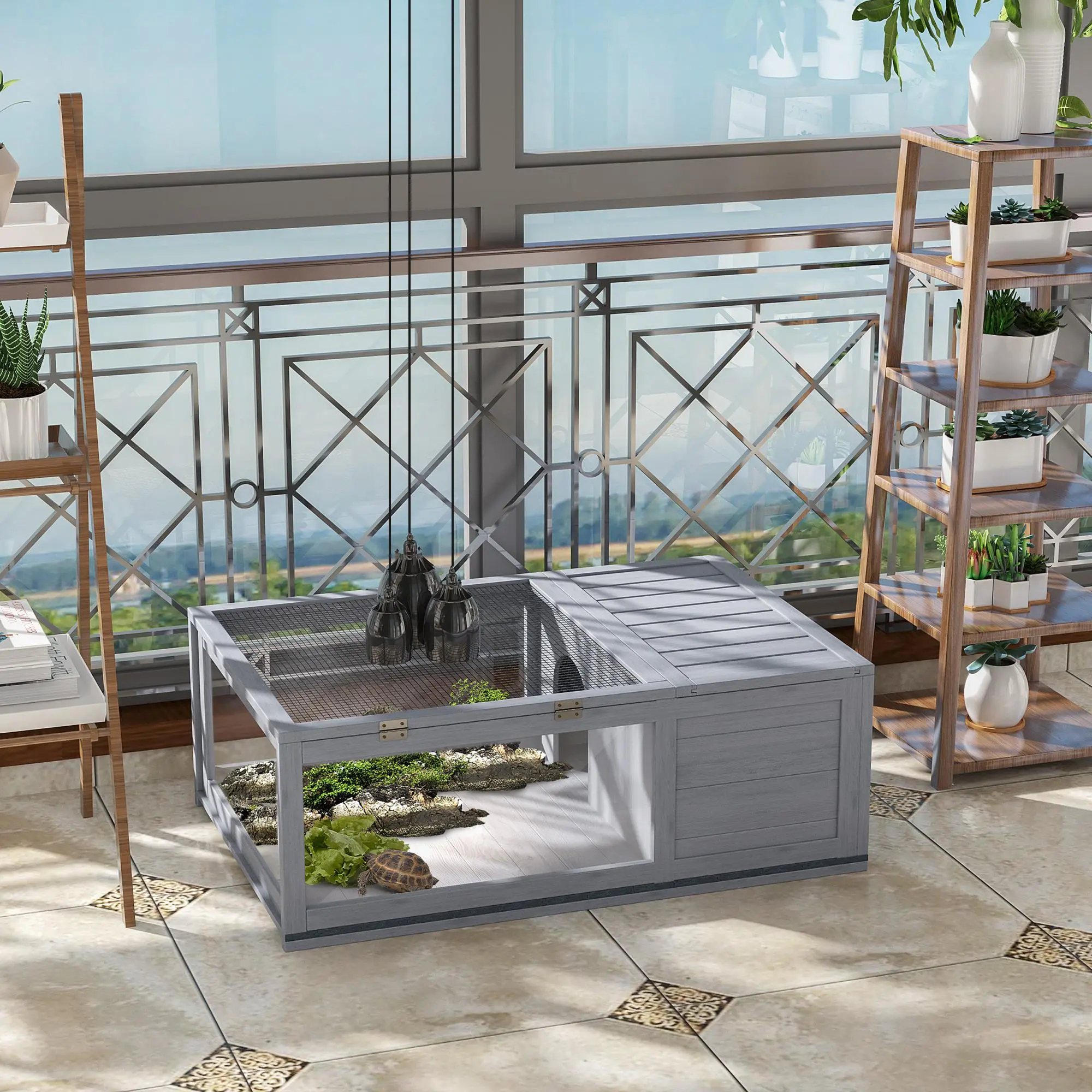 PawHut Tortoise House with Mesh Roof, Small Reptile Wooden House, Tortoise Enclosure with Removable Side Panel, for Indoor - Grey