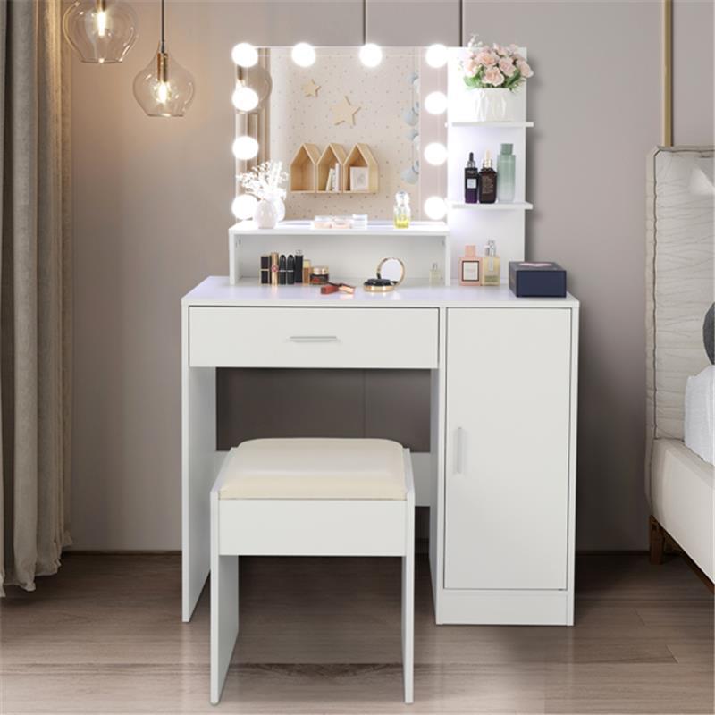 Large Vanity Set with LED Bulbs – Makeup Table with Stool, Storage Shelves, Drawer, and Cabinet – Perfect for Women and Girls, White 2