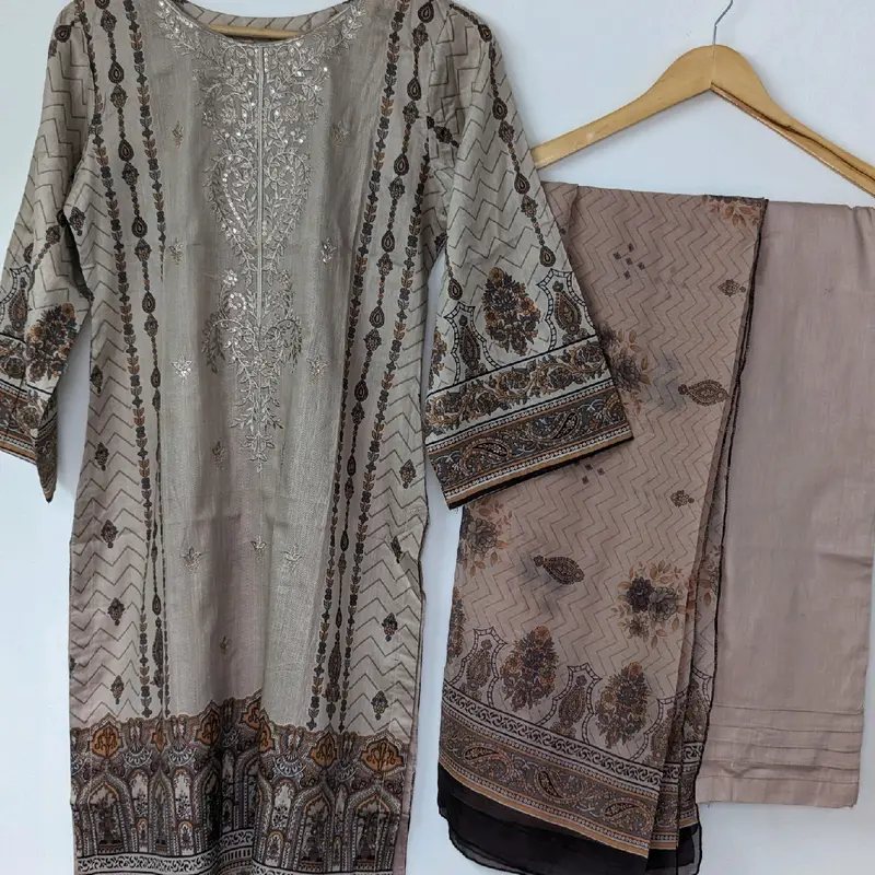 Beautiful Lawn Embroidery 3pc Suit, Baige, with Chiffon Scarf and trouser. Comfort Womenswear Overalls 1