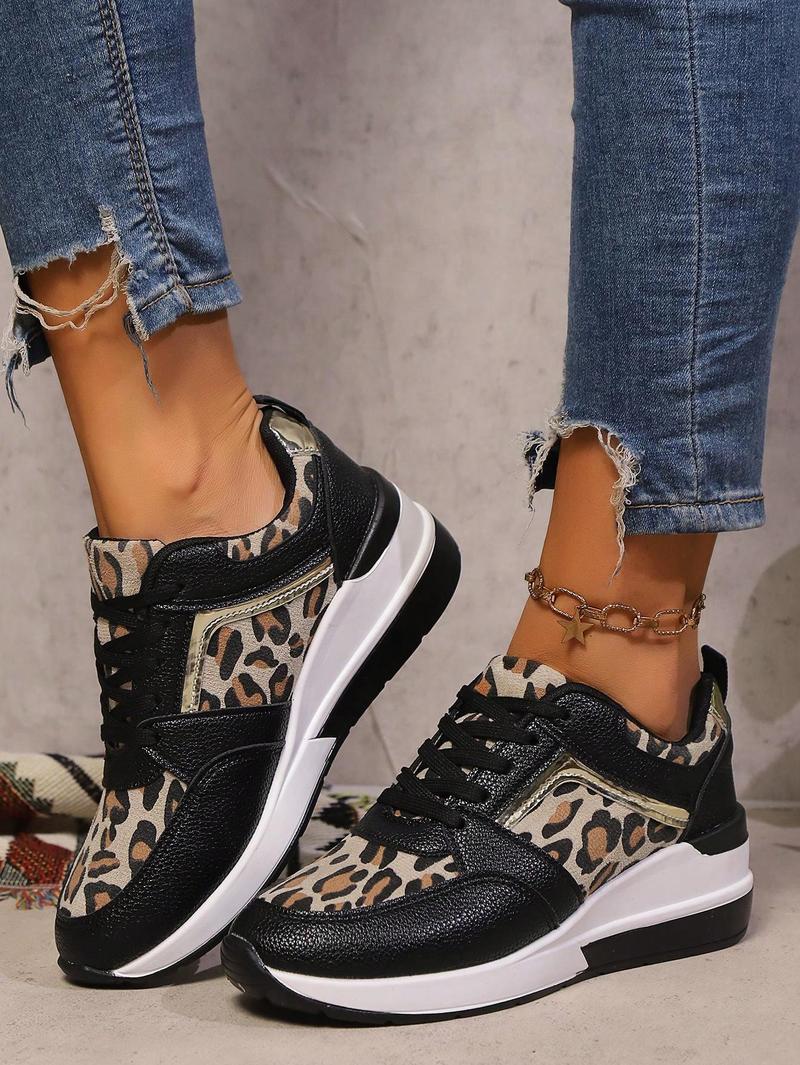 Product Introduction of Women's Wedge Platform Sneakers, Casual Non-Slip Lace-Up Leopard Print Sporty Shoes, Retro Mixed Color Comfy Low-Top Outdoor Leisure Fashion Sneakers, Shoes For Women Footwear Girl 15