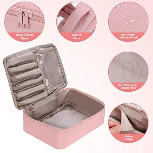 Travel Makeup Bag [with Brushes Holder & Detachable Pouch] Cosmetic Bag Makeup Case Storage Organiser for Women & Girls (Pink) 2