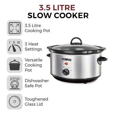 Tower 3.5L Slow Cooker 3 Heat Settings Stainless Steel Silver Family Compact - 3.5L Fast Cooking Easy Clean Design Easy Clean Design Easy Clean Design Non-stick Coating Non-stick Coating Non-stick Coating Non-stick Coating Keep Warm Function Aluminum 1