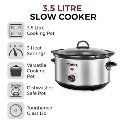 Tower 3.5L Slow Cooker 3 Heat Settings Stainless Steel Silver Family Compact - 3.5L Fast Cooking Easy Clean Design Easy Clean Design Easy Clean Design Non-stick Coating Non-stick Coating Non-stick Coating Non-stick Coating Keep Warm Function Aluminum 1