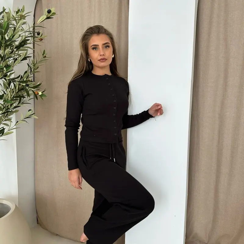Viral Ribbed Two-Piece Set with Button Front Crop Top and Elastic Waist Trousers - Clothing, Spring, Fit, Everyday, Womenswear