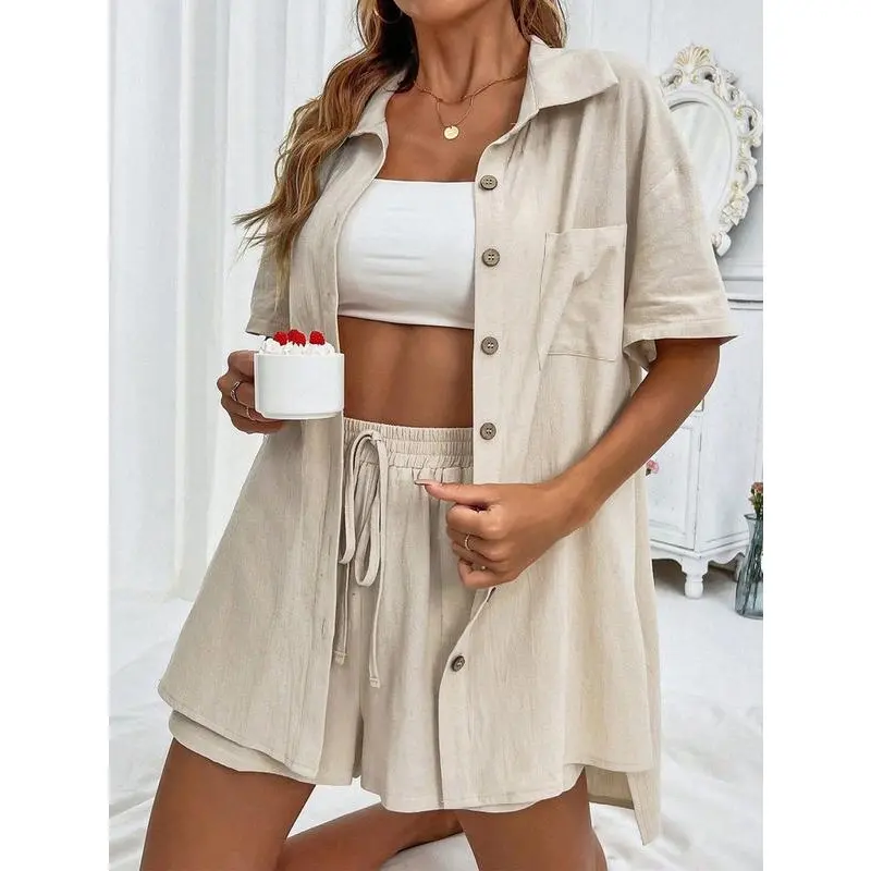 Two-Piece Set Womenswear Solid Button Front Shirt & Drawstring Waist Shorts Set, Comfort Short Sleeve Summer Tops & High Waist Shorts, Back To School Minimalist Co-ords, Ladies Summer Outfits 2025, Holiday Outfits 2024, Y2k Outfits Streetwear. Daily Wear 1