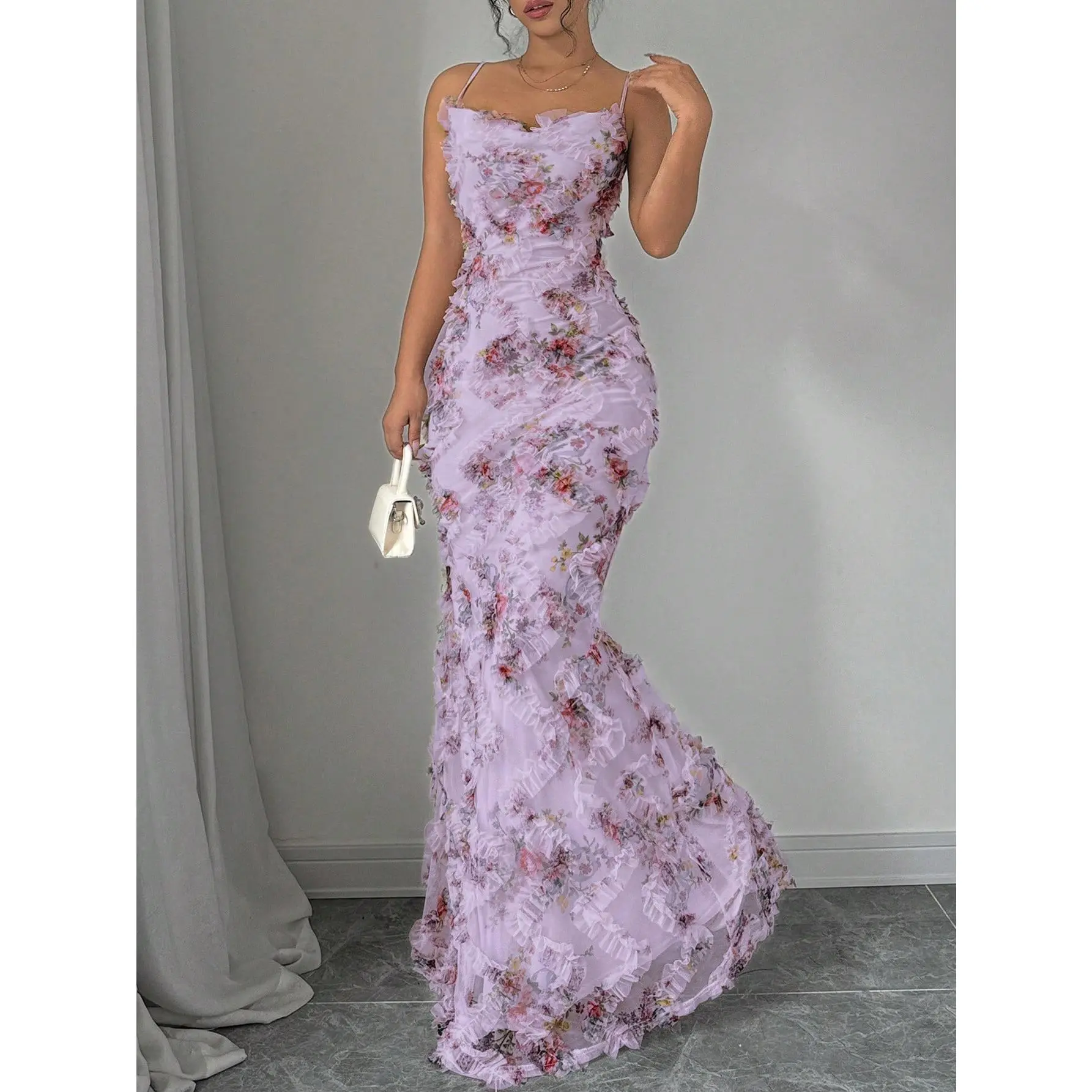 Elenzga Women's Floral Print Mesh Luxurious Elegant Spaghetti Strap Evening Dress Fit Formal Sleeve Black Maxi Womenswear Fabric Polyester Purple Comfort