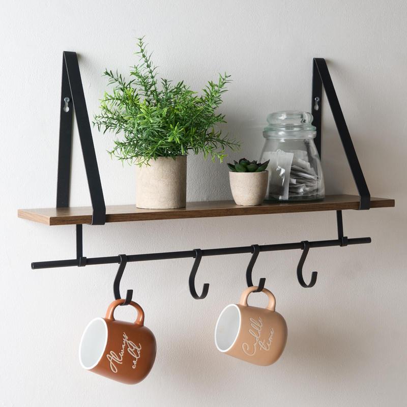OHS Wall Mounted Home Kitchen Decor Hanging Wooden Shelving Cup Display Hook Unit 3