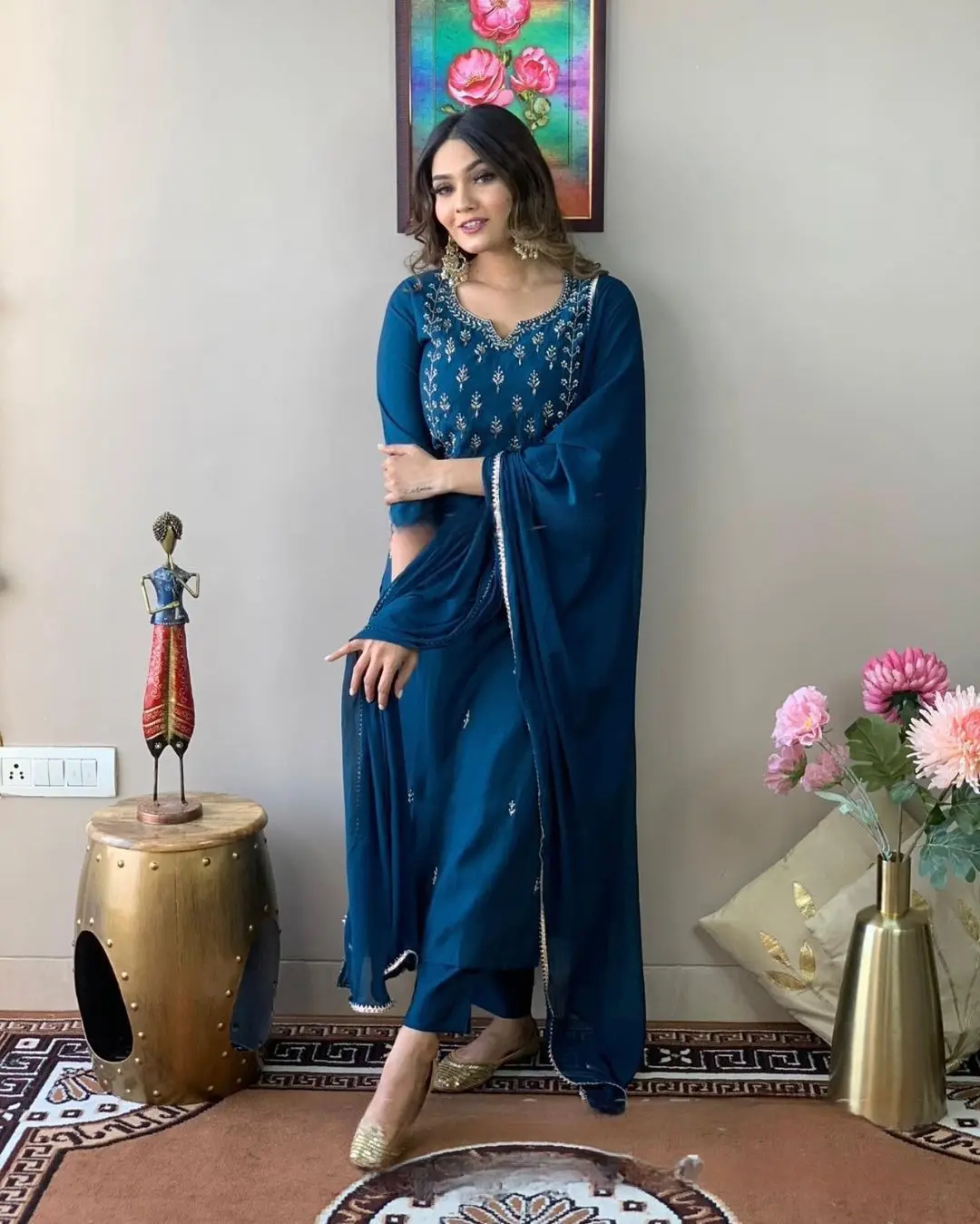 Meradh Pakistani Style Kurti Set with Embroidery Work, Bottom and Dupatta for Women - Rayon Slub Fabric - Casual, Dress