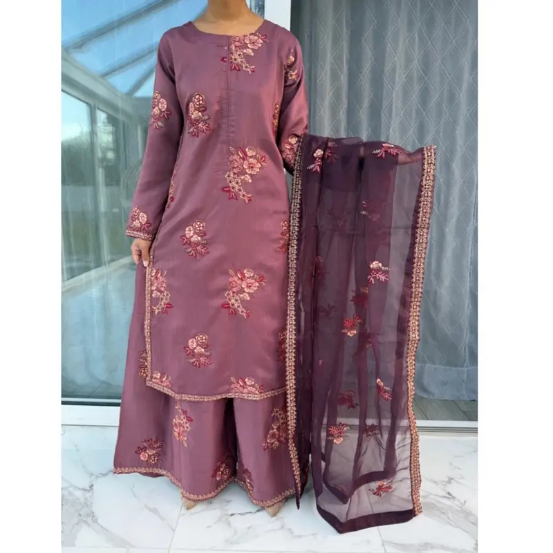 Embroidered viscose kameez with Sharara and embroidered dupatta - Womenswear