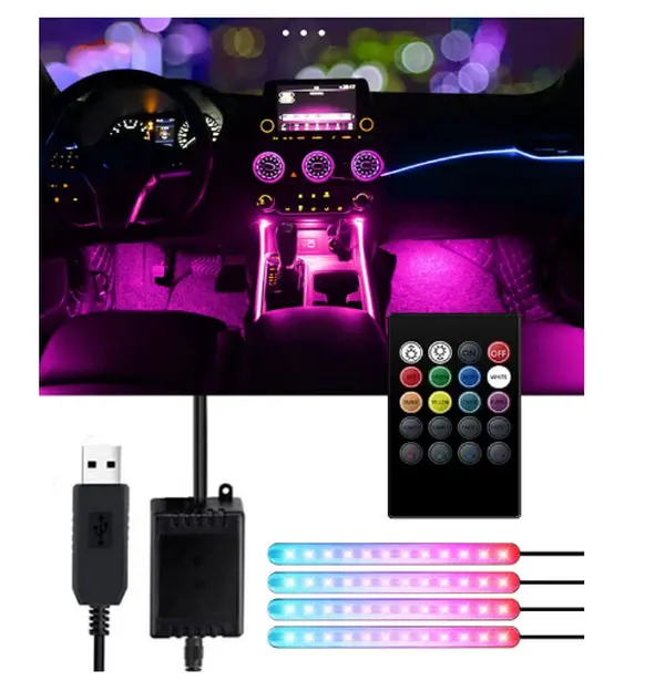 Interior Car Lights - Trongle Car Strip LED Lights, Waterproof with 4pcs 48 LEDs 8Colors with Sound Sensor and Remote Control, USB Port Car Charger Light Bar, Car Music Sound-activated Lighting, DC 5V