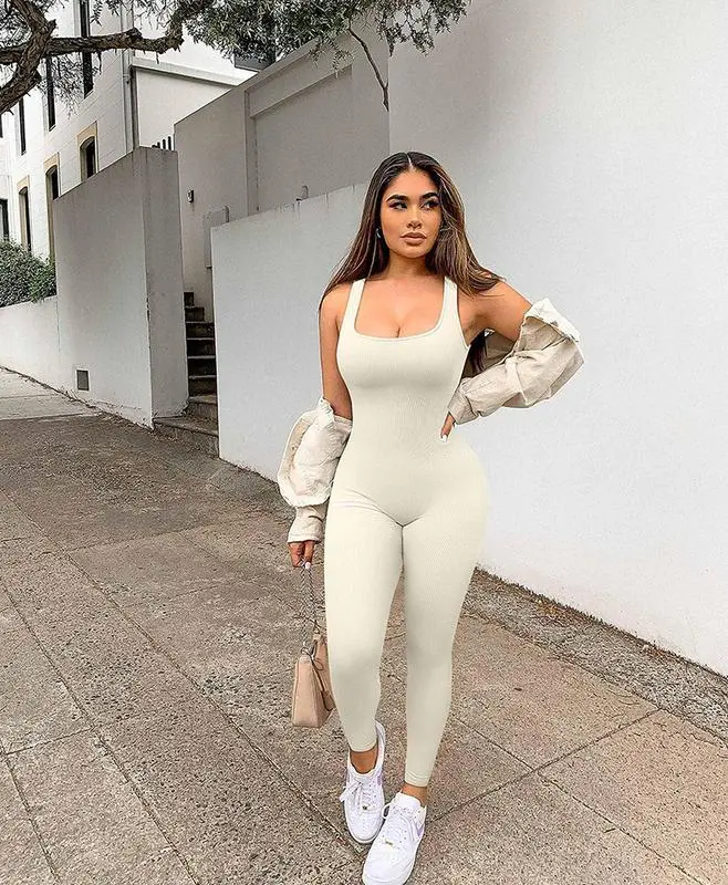 【50 %off】Women Yoga Jumpsuits Summer Sleeveless Ribbed Knit Square Neck Body con Slim Fit Pants Solid Color Workout Sports Outfits 5