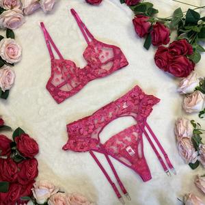 Liliosa Lingerie Rachel Pink Love Heart Embroidery Stunning 3 Piece Set  - (Bra + Stockings Garter + Pants ) Comfortable Breathable Fabric Matching, High Quality Ruffled Sheer, Feminine Multicolor Elegance Womenswear,  Adjustable Fit Spaghetti Straps