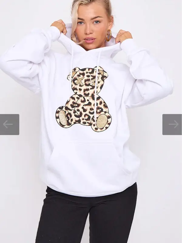 Ladies Long Sleeve Oversized Leopard Print Teddy Graphic hoodie sweatshirt Baggy jumper Dress Casual 1
